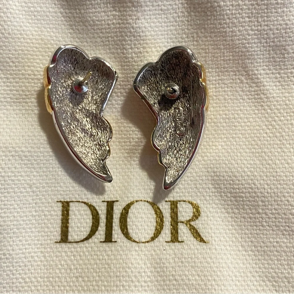 Rare Vintage Christian Dior Angel Wings Pierced Earrings in Silver/Gold With CZs - Picture 2 of 7